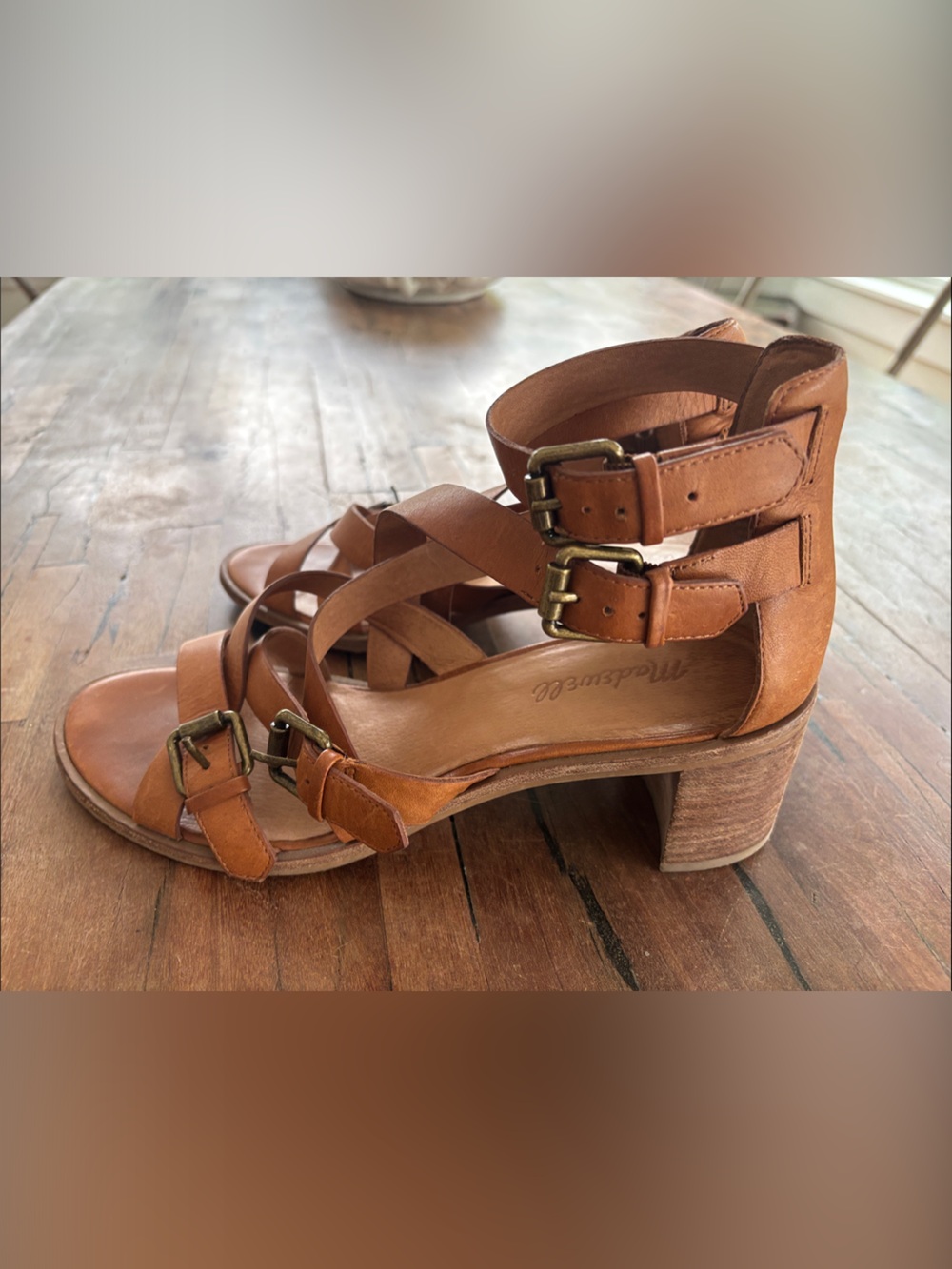 Madewell Cognac Leather Buckle Block Heel Sandals